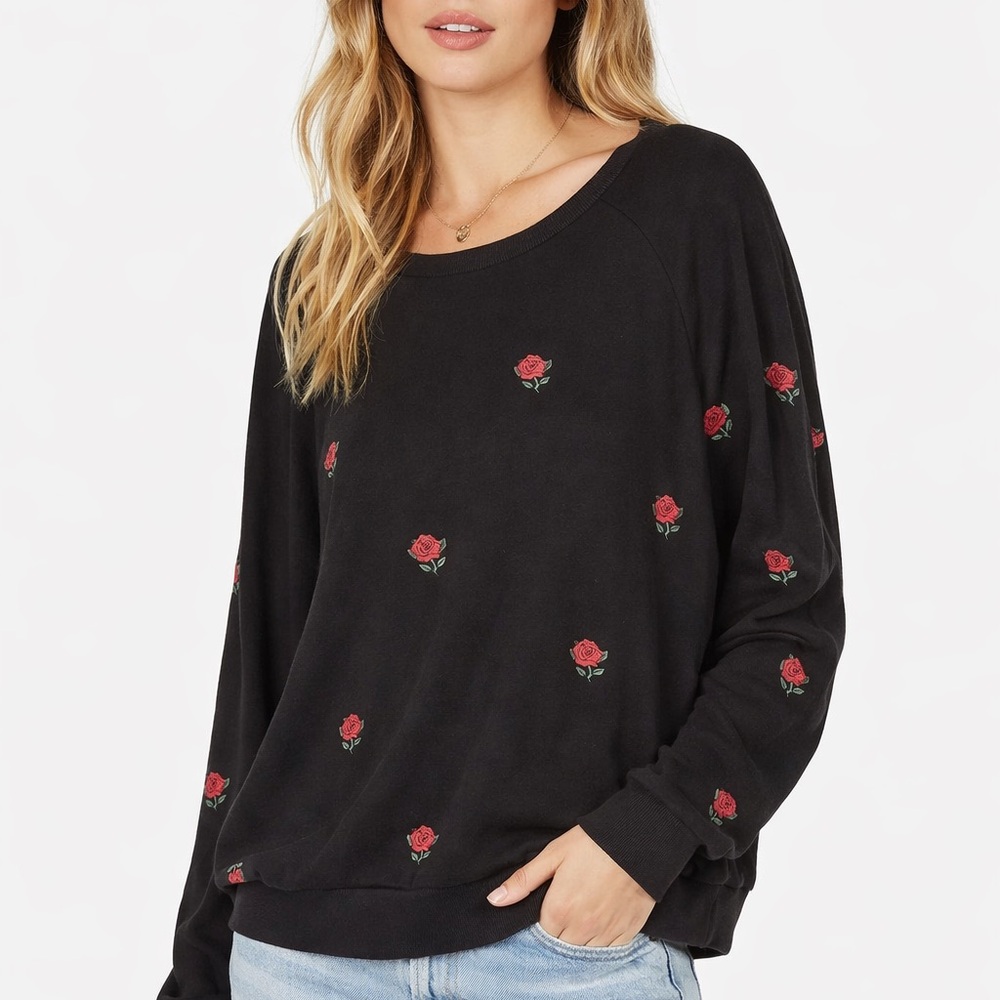 Lauren Moshi Black Rose Print Crewneck Sweatshirt Medium